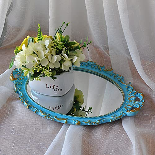Yamfurga Plateau miroir décoratif ovale, cadre floral de style français, organisateur de maquillage, organisateur de bijoux, plateau de service, 24,9 x 37,1 cm, bleu doré