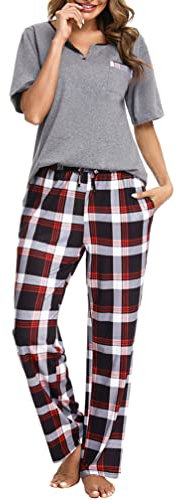 Bresdk Lång rutig pyjamas för kvinnor, kortärmad pyjamas-set, bomull, nattkläder, GRÅ, M