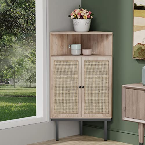 Yechen 39.7 Corner Storage Cabinet with Adjustable Shelf and Rattan Doors, Small Boho Corner Shelf Stand with Open Storage, Freestanding Cabinet for Bathroom, Living Room/Metal Legs/Natural Oak
