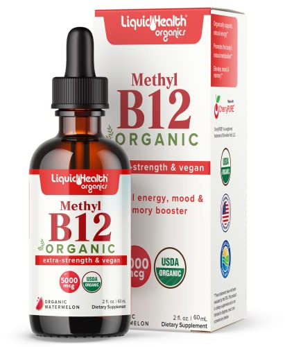 LIQUIDHEALTH USDA Organic Methyl Vitamin B12 Methylcobalamin Liquid Drops with Tart Cherry Juice - Boost Energy, Immune Support, Improve Memory & Concentration - USA Made, Vegan, Non-GMO (2 oz)