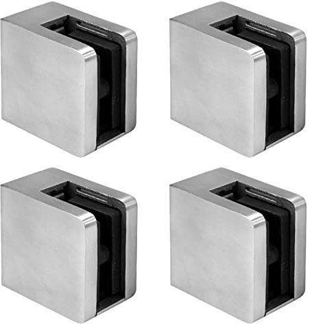 PRIOstahl Glashalter 4 Stück Glasklemmen Klemmhalter Glasplattenhalter mit Sicherungsplatte + Sicherungsstift 45 x 45 x 28 mm Anschluss: Flach für Glas 12 mm aus Edelstahl V2A