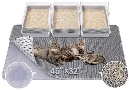 BurgeonNest 45x32 Extra Large Cat Litter Mat, Honeycomb Double Layer Kitty Litter Trapping Mat, Urine Proof & Waterproof, Easy Clean, Machine Washable, Non-Slip, Scatter Control-Grey