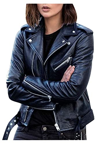 2023 Manteau Femme Veste en Cuir Zipper Courte Moto Biker Blazer Vintage Manches Longues Couleur Unie Mode Blousons Fermeture Éclair Grande Taille Printemps Automne