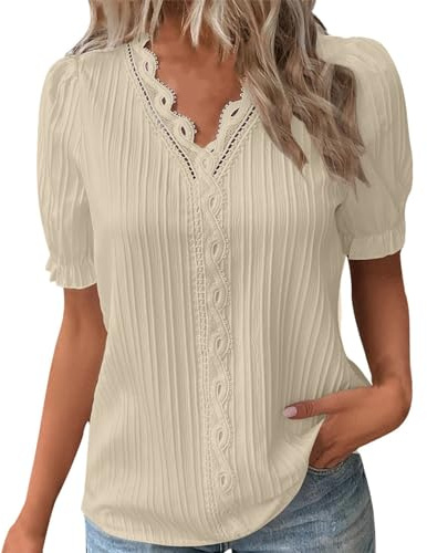 Generic Summer Tops for Women UK Size 18 Tops and Blouses Elegant T-Shirts Blouse Plain Blouses for Women UK Plus Size with Bow Ladies Cotton T Shirts Size 16 Womens Tops Size 18 UK Beige