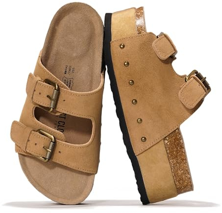 Project Cloud 100% Genuine Leather Platform Sandals Women - Memory Foam Insole with Two-Buckle - Non-Slip and Comfortable Wedge Sandals for Women 2026 (Oliy, TAUP, 8.5)