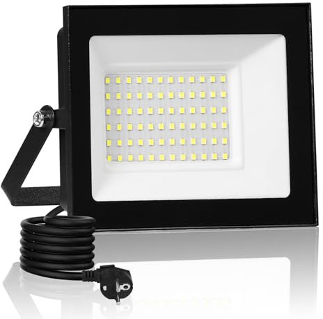 wowspeed 50W Led Strahler Außen mit Stecke 5000LM Scheinwerfer Aussen IP65 Fluter 6500K Kaltweiß Aussenstrahler Flutlichtstrahler mit 300cm Cable fur Hinterhof Auffahrt Garage