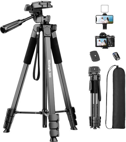 Nineigh 160cm Tripode para Movil Alto, Ligero Tripod de Aluminio con Control Remoto y Soporte Teléfono, Trípode Portátil de Viaje Compatible con iPhone/Camara
