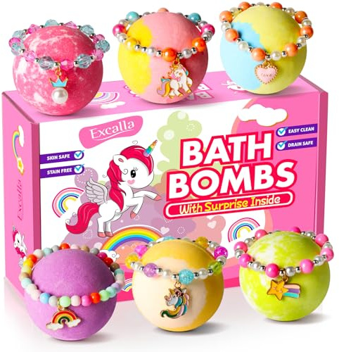 Excalla bombe da bagno unicorno con sorpresa all'interno, per ragazzi e ragazze, 6 bombe da bagno per bambini con gioielli all'interno, bombe naturali a bolle per idratare la pelle