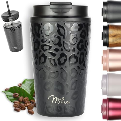 Milu Thermobecher 400ml - 100% Auslaufsicher - Edelstahl Kaffeebecher to go isoliert mit Strohhalm hält 10h heiß / 20h kalt, BPA-frei (Black Leopard, 400ml)