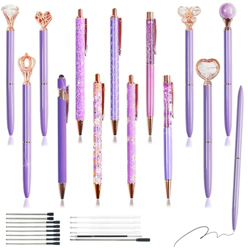 XingyLi Set di 28 penne a sfera viola con diamanti di cristallo, 14 penne a sfera retrattili con corone in metallo luccicanti e 14 mine di inchiostro nere, belle penne a forma di sabbia liquida