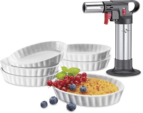 Küchenprofi Crème Brûlée-Set DELUXE, 7-teilig | 1x Flambierbrenner | 6x Schälchen aus Hartporzellan (85 ml) | Backofen- & Mikrowellengeeignet | Creme Brulee Set mit Brenner und Schälchen inkl. Rezepte