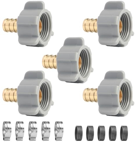 WiseWater 5Pcs PEX Fittings 1/2 x 7/8 FNPT Toilet Ballcock Straight Adapter, Lead-Free DZR Brass Fittings with Copper Crimp Rings and Clamps for RV Plumbing, Water Lines