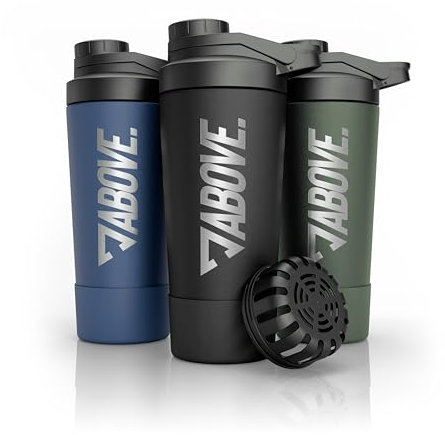 ABOVE. Shaker Proteine Acciaio Inox 750ml – Senza BPA e Termico: Bevande Fredde per 12H – Scala Incisa & Tappo 100% Antigoccia – Robusto e Durevole – Lavabile in Lavastoviglie fino a 45°C (Nero)