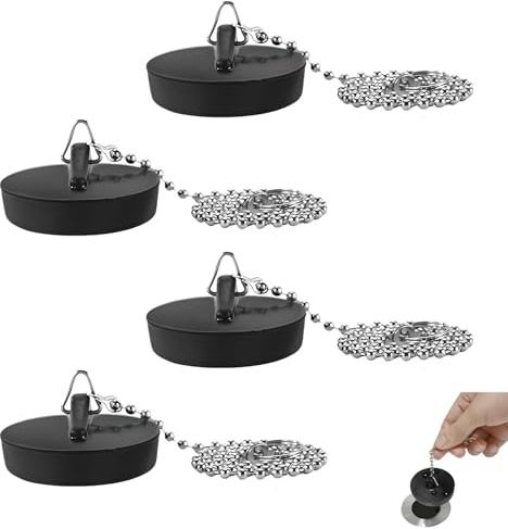 4 tapones de desagüe, tapones para fregadero con cadena, color negro, 4 cm