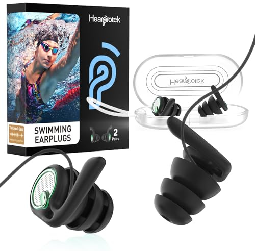 Hearprotek Swimming Ear Plugs for Adults – 2 Pairs Reusable Silicone Earplugs with Acoustic Filter, Secure Fit & Anti-Loss Cord, Water Protection for Swimming, Surfing, Shower-Black