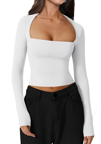 INFITTY Womens Top Square Neck Long Sleeve Tops T Shirts Ladies Tops Summer Long Sleeve Shirt Basic Tee White S