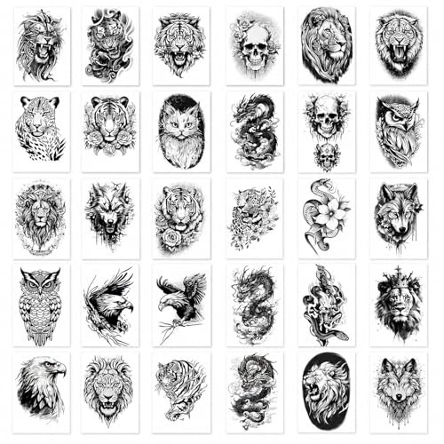 Förpackning med 30 realistiska tillfälliga tatueringar i tiger för män och kvinnor, björnar, lejon och varg stil, djurtatueringsklistermärken, vuxna, kroppskonst för armar, bröst och axlar