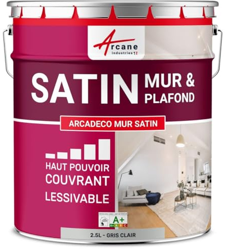 ARCANE INDUSTRIES Pintura mural satinada profesional – ARCADECO - 1664 | Acabado luminoso, ultra cubriente y lavable - Gris Claro - RAL 7035