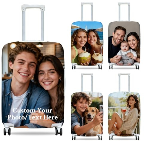 ZEXUPER Funda protectora personalizada para equipaje, añade tu foto, nombre y texto, diseño de doble cara, funda elástica y lavable para equipaje de viaje, imagen, S