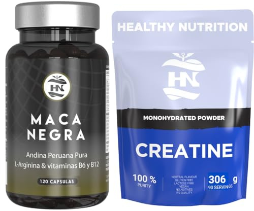 Pack Maca Negra Andina Peruana con L arginina - 120 Capsulas y Creatina Monohidrato en Polvo si sabor 306g (90 Dosis)