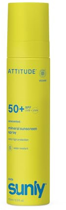 ATTITUDE Kids Mineral Sunscreen Lightweight Lotion SPF 50, Broad Spectrum Zinc Oxide, EWG Verified, Non-Nano, Water-Resistant 80 Min, Non-Greasy Face & Body, Unscented, 80 g
