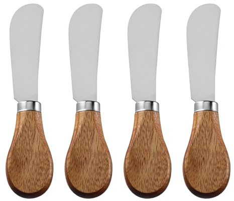 TEOZBLU Set di 4 Coltelli da Burro in Acciaio Inox e Legno di Acacia, Spalmatore per Formaggio Spalmabile, Marmellata e, Coltello Piccolo per Colazione, Aperitivo e Catering, 12.6 x 2.1 cm