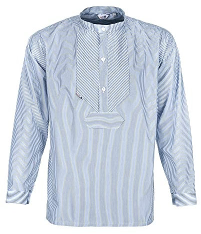modAS Unisex Fischerhemd Sommer Langarm-Shirt mit Stehkragen - Gestreiftes Hemd im Finkenwerder-Stil in Azur-Weiß Größe Damen 50 - Herren 56