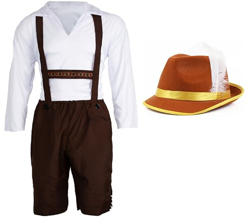 Mens Bavarian Costume Small - Brown Lederhosen Style Trousers with Traditional White Shirt and Brown Hat - Oktoberfest Fancy Dress