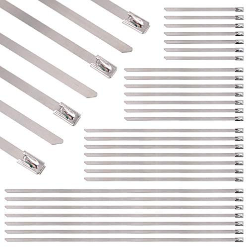 Swpeet 100Pcs 4 Größen Edelstahl Auspuff Band wickeln beschichtet Verriegelung Kabelbinder perfekt für Kfz-Teile, Haus, Computer-Reparatur - 4, 5,9, 8, 11,8