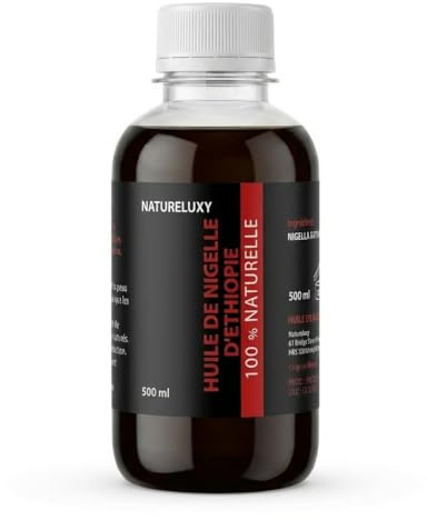 Huile de Nigelle d’Éthiopie 500mL – 100% Pure & Naturelle | Soin Cheveux, Peau & Massage | Natureluxy