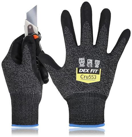 DEX FIT Gants de Travail Cru553 Résistants aux Coupures Niveau 5, Adaptation 3D Confortable Extensible, Agrippants Nitrile Durable, Smart Touch, Fins Légers, Lavables, Noir Gris 9 (L) 1 Paire