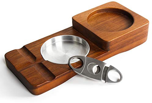 REANICE Sigaro Posacenere In Legno Con 2 Liquori Di Rum Personalizzato Whisky Cub Holder 1 Taglierina Sigaro In Acciaio Inox Ghigliottina Doppia Lama Fumo Accessori per Gli Uomini Fumatore Bevanda