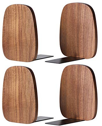 Muso Wood Book Ends for Shelves, Non-Skid Bookends for Heavy Books, Wooden Book Stopper for Home Office and Library (Walnut 2 Pairs)