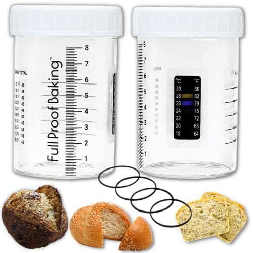 Full Proof Baking Sourdough Starter Jars with Date Mark Thermometer Tracker Notes Bands - 2-Pc 10oz Small Glass Jars for Sourdough w/Lid - Sourdough Bread Starter Feeding Gift Set- Home Baking Kit