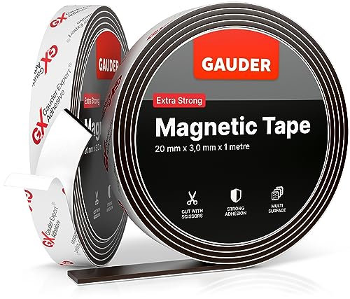 GAUDER Magnetic Tape Extra Strong (20 mm x 1 m) | Magnet Strips Extremely Self Adhesive | Sticky Back Magnet Roll