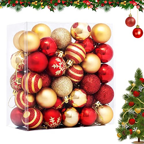 Boîte de Boules de Noël en Plastique, 50 Pièces, Boules de Noël Incassables à Suspendre, Boules de Noël Ensemble, pour Sapin de Noël Décoration de Fêtede Mariage (Rouge et Or)