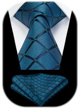 HISDERN Herren Krawatte Petrol Formelle Klassische Karierte Krawatten mit Einstecktuch Hochzeit Herrenkrawatte und Taschentuch Set für Männer