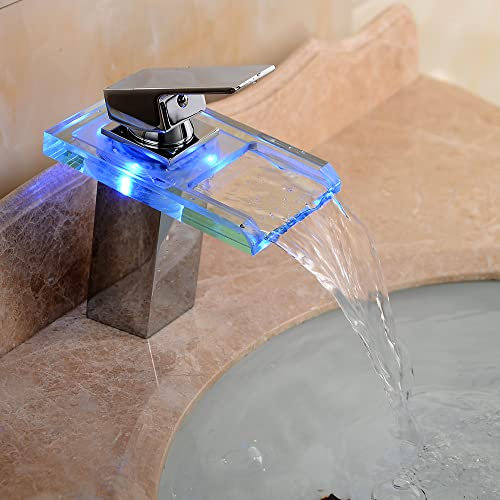 Robinet LED en verre lumineux Cascade Robinet RVB Robinet d'évier Robinet de lavabo Mitigeur de salle de bain en verre éclairé Salle de bain 3 changements de couleur