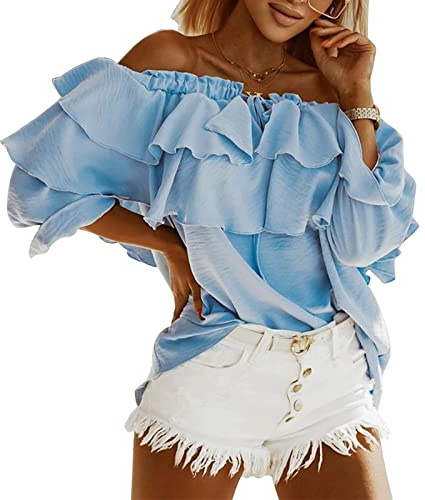 Top da donna con spalle scoperte a 3/4, maniche a volant, schiena scoperta, elegante camicetta top, Blu, L