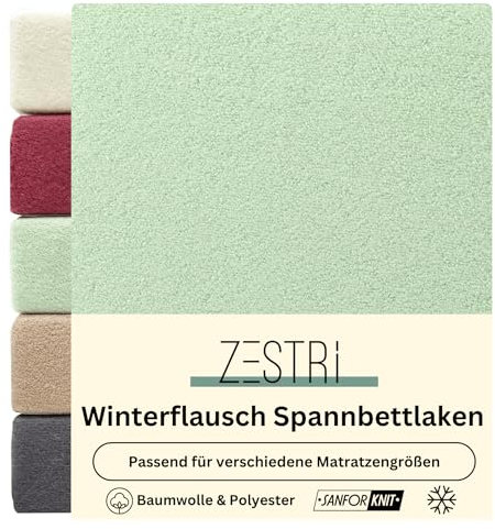 Zestri Winterflausch Spannbettlaken für Normale Matratze | 180x200 bis 200x200 cm | Eukalyptus | Oeko-TEX Made in Green | kuschlig weich