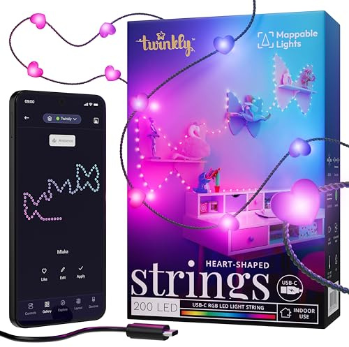Twinkly Strings USB-C Hearts 200 LED, LED-Lichterkette in Herzform, RGB LED-Lichter Mehrfarbig, Lichter zum Valentinstag, Kompatibel mit Alexa und Google Home, USB-C, Grünes Kabel, 12m