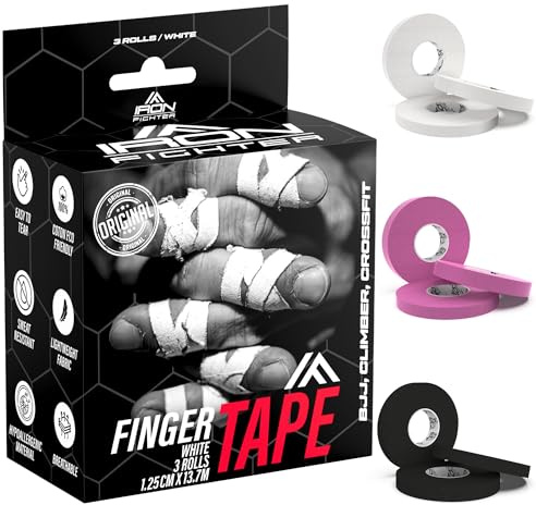 IRON FIGHTER 3X Sporttejp, Finger Strap 13,7m - JJB Jiu Jitsu Bresilien - Klättring - CrossFit - MMA - Klättring - Judo - Volleyboll - Bodybuilding - Fingertejp Rullar (Vit, 1,25 CM)