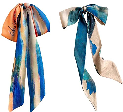 NT-ling 2pcs Retro small silk scarf girl heart spring and summer narrow ribbon headband headband bag decoration long scarf headdress Women¡®s Traditional Art Printed Handbag Handle Ribbon for Women¡