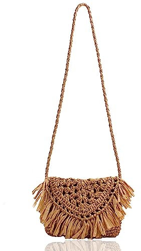 ACTOYS Umhängetasche Stroh Damen, Basttaschen Damen, Strohtasche, Korbtaschen Damen Geflochten Stroh Umhängetaschen (B-hellbraun)