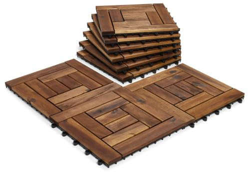 CLICK-DECK 10 Slat Hardwood Decking Tiles | Patio, Balcony, Concrete, Hot Tub Deck Tiles | 30x30cm Square Connect Flooring | Easy Installation | Great Drainage (36x Hardwood Tiles)