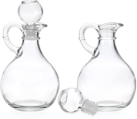 SUMNACON 2 PCs Glass Oil and Vinegar Bottle Set With Spout, Clear Olive Oil Dispenser Cruet, Round Pourer Stopper Pot for Syrup Salad Water