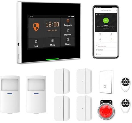 Mengshen Tuya WLAN-Alarmsystem für die Sicherheit zu Hause, intelligentes 11-teiliges Set mit 10,9 cm Touch-Screen-Panel, Sirene, Tür, Fenster, Bewegungsmelder, Fernbedienung, Telefon-App-Alarm,