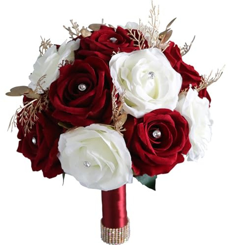 Fouriding bouquet de mariée et de demoiselles d'honneur artificielles à la main - Décoration de fête prénuptiale (blanc bordeaux)
