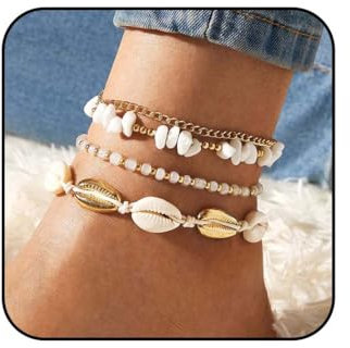Reaky Boho-Fußkettchen mit Perlen, goldfarbene Fußkettchen, 4 Stück, Muschel-Fußketten, Sommer- und Strandschmuck für Frauen