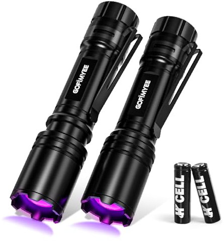 Gofimyee UV Taschenlampe Schwarzlichtlampe, 2 Stück Mini UV lampe mit Einstellbarem Fokus, 395nm Ultraviolett Lampe für Geocaching, Heimtierurindetektoren, Bernsteinsuche usw, Inklusive 2 AA Batterien